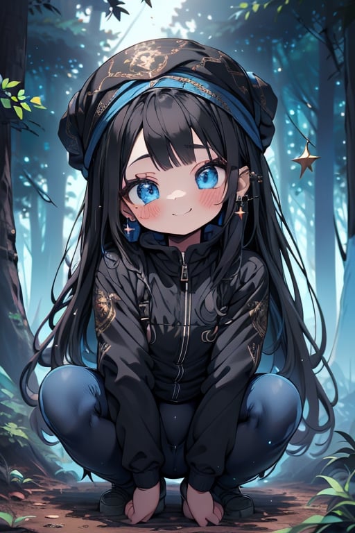 black hair, blue eyes, full body lycra clothing, friendly face, headscarf, little girl, happy smile, in the forest at night, masterpiece, star earrings, detailed, high quality, absurd, strongest human being of all, bearer of the hope of the world, long hair, perfect face, 8 year old girl, best quality, fat, obese.
