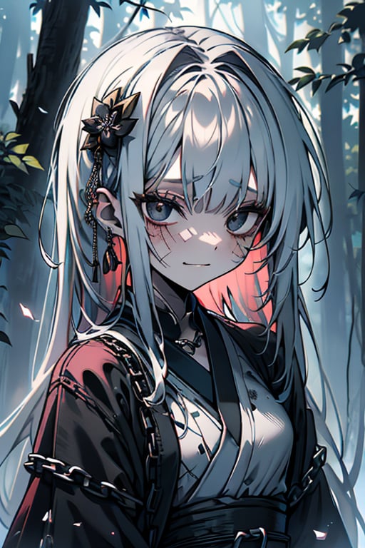 white hair, black eyes, dirty and poor black kimono, sad face, lost, sad smile, slave, chains, bangs, in the forest at night, high quality, absurd, the human who longed for freedom, long hair, masterpiece, excellent quality, excellent quality, perfect face,teenager, small breasts, 16 year old appearance,scars, depressed, poor, torn clothes.


