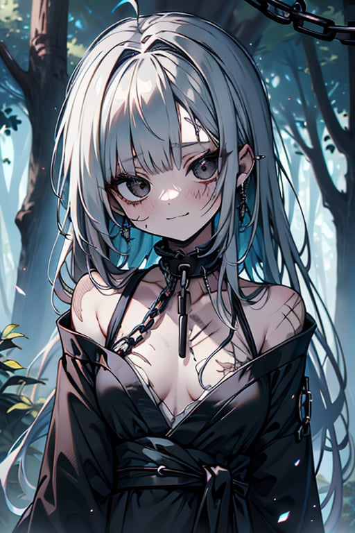 white hair, black eyes, dirty and poor black kimono, sad face, lost, sad smile, slave, chains, bangs, in the forest at night, high quality, absurd, the human who longed for freedom, long hair, masterpiece, excellent quality, excellent quality, perfect face,teenager, small breasts, 16 year old appearance,scars, depressed, poor, torn clothes.


