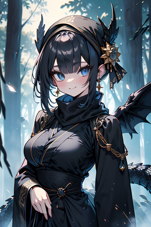 dark blue hair, blue eyes, gold kimono suit with black edges, friendly face, a black spandex that covers his entire body, headscarf, killer, happy smile, bangs, in the forest at night, masterpiece, detailed, high quality, absurd, the strongest human of all, bringer of the world's hope, short hair, black lycra, masterpiece, excellent quality, excellent quality, perfect face, medium breasts, black scarf, judge, lawyer, judge's robe , toga, dragon scales in her eyes.

