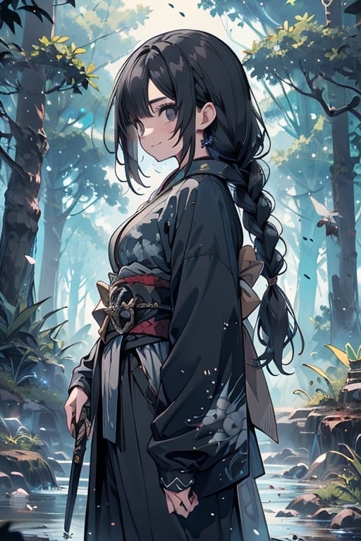 kind woman, black hair, medium hair, hair in braid down to her back, a single braid, dirty clothes, warrior, beast tamer, the killer of gods, black eyes, old clothes, alone, forest, kind smile, innocent, breasts small, tall woman, amazon, samurai, gray kimono jacket ideal for combat, wide pants, happy, friendly, good person,  masterpiece, good quality, swords well positioned at her waist, good hands, aquamarine belt.


