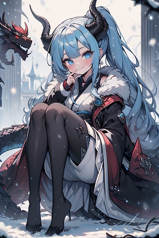 light blue hair, blue eyes, dragon horns, sorceress, magician's tunic, snow coat, smiling, mischievous, capricious, spoiled, pampered, white kimono, gadget sorceress, long hair up, long white skirt, good quality , masterpiece, excellent quality, perfect face, dragon tail,black pantyhose.
