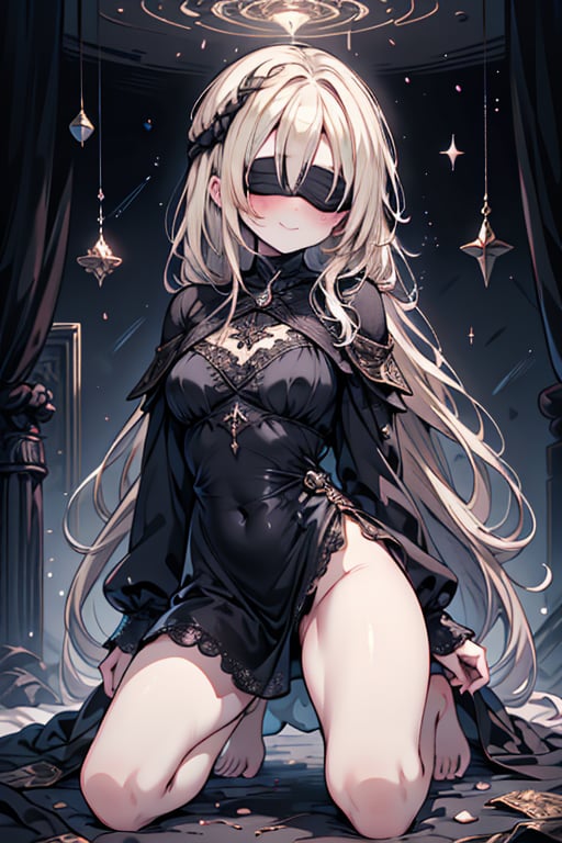 masterpiece, detailed, high quality, absurd, blindfirekeeper, 1girl, alone, blush, medium breasts, curvy, transparent white babydoll, guardian of the future, friendly smile, blonde hair, long hair, astrology room, kneeling, black blindfold cover your eyes,



,blindfirekeeper