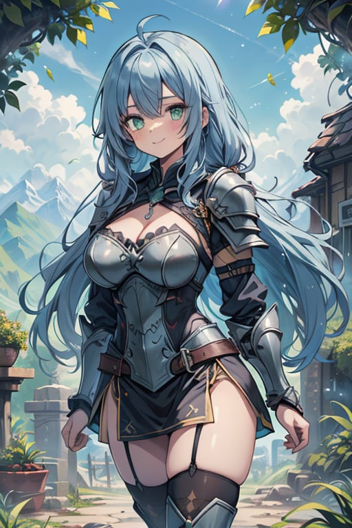 Woman with light blue hair, big, tall, the strongest warrior in the world, plate armor, cold jacket, pantyhouse, bracers, chest, green eyes, friendly, free spirit, religious, valley of plants, no bangs, long hair , charming smile, a wonderful person.
