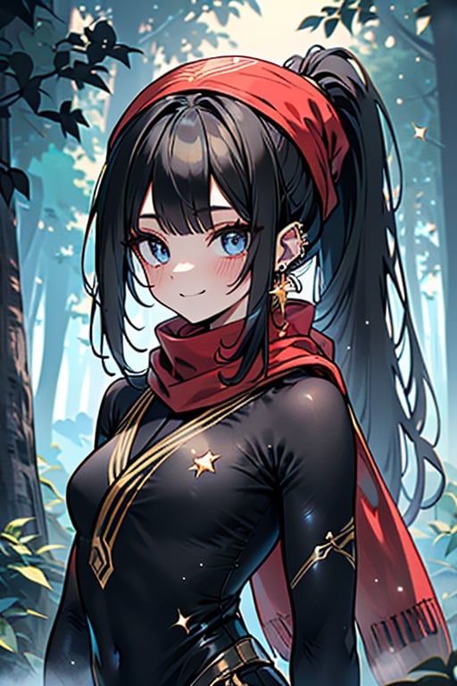 black hair, blue eyes, yellow Kimono
 outfit with black edges, a red scarf with gold stripes, the edges have small golden touches, friendly face, a black spandex that covers her entire body, headscarf, killer, happy smile , bangs, in the forest at night, masterpiece, star earrings, detailed, high quality, absurd, the strongest human of all, bringer of the world's hope, hair in ponytail,black lycra, masterpiece, excellent quality, excellent quality, perfect face.

