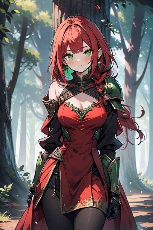 noble woman, princess, red hair, long braid, green armor covering her body, forest, medium chest, warrior, druid, green eyes, red dress, medium combat skirt, good quality, masterpiece, hight,black pantyhose.
