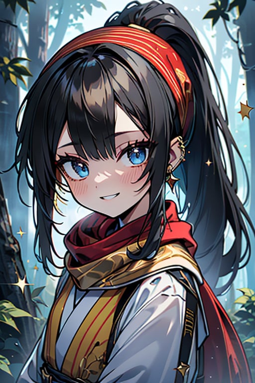 black hair, blue eyes, yellow Kimono
 outfit with black edges, a red scarf with gold stripes, the edges have small golden touches, friendly face, a black spandex that covers her entire body, headscarf, killer, happy smile , bangs, in the forest at night, masterpiece, star earrings, detailed, high quality, absurd, the strongest human of all, bringer of the world's hope, hair in ponytail,black lycra, masterpiece, excellent quality, excellent quality, perfect face.

