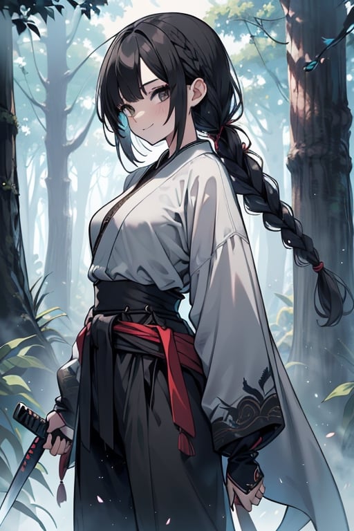 kind woman, black hair, medium hair, hair in braid down to her back, a single braid, dirty clothes, warrior, beast tamer, the killer of gods, black eyes, old clothes, alone, forest, kind smile, innocent, breasts small, tall woman, amazon, samurai, gray kimono jacket ideal for combat, wide pants, happy, friendly, good person, katanas sheathed at her waist, masterpiece, good quality, swords well positioned at her waist, good hands, aquamarine belt, teenager, 15 years old.