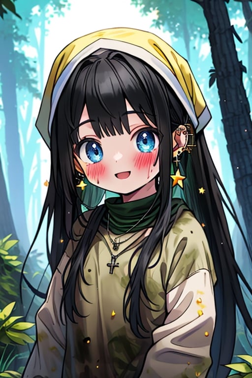 black hair, blue eyes, yellow attush, friendly face, headscarf, little girl, happy smile, bangs, in the forest at night, masterpiece, star earrings, detailed, high quality, absurd , strongest human being of all, bearer of the hope of the world, long hair, necklace of scales,perfect face,8 year old girl,
,best quality,Poor thing, dirty clothes, mud on the face.
