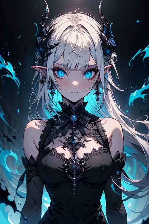 white hair, deep blue eyes, aura of dark power, the most powerful being in the world, queen of darkness, lost look, pointed ears, black dress with blue edges, killer of gods, the one who killed Lucifer, incarnation of the gods dragons, masterpiece, very good quality, excellent quality, perfect face, small breasts, serious face, dazed, calm, kuudere, eyes with blue flames, looking down, as if on top of the world, horns, fake goddess, bare shoulders, gothic, Mullet Bangs, staring, sad expression, blue roses in her hair and her dress,emanates the power of chaos within her,black sclera,black bow tie, domino dresses from the Victorian era.
