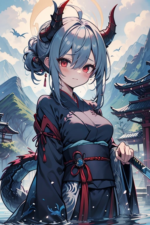 dragon woman, wingless, medium hair, shy face, blue kimono, blue hair, dragon horns, dragon tail, red eyes, dragon horns, medium breasts, beautiful, the sword maiden, tail attached to the body, her power comes from of primordial water, masterpiece, very good quality, excellent quality, perfect face, samurai, mother of the family, master of combat, wise, bangs that cover her eyes,hair up,Japanese house.