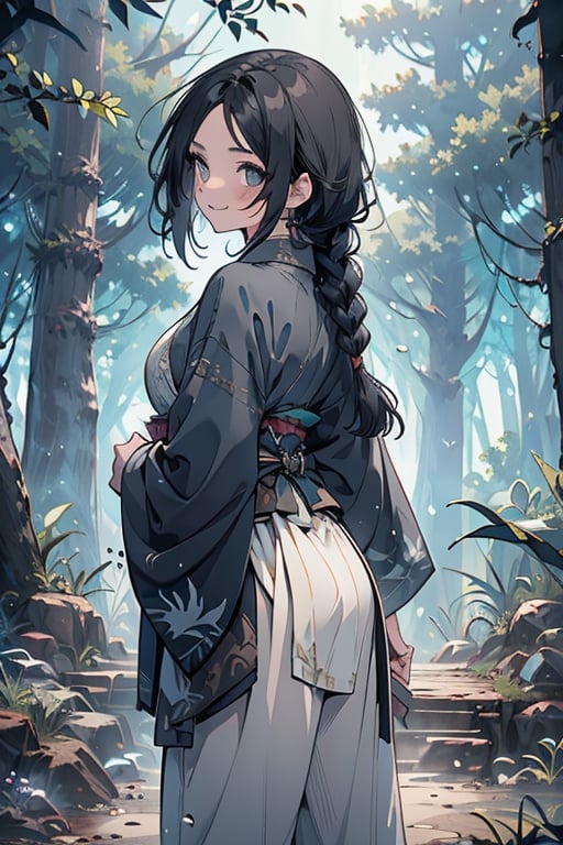 kind woman, black hair, medium hair, hair in braid down to her back, a single braid, dirty clothes, warrior, beast tamer, the killer of gods, black eyes, old clothes, alone, forest, kind smile, innocent, breasts small, tall woman, amazon, samurai, gray kimono jacket ideal for combat, wide pants, happy, friendly, good person,  masterpiece, good quality, swords well positioned at her waist, good hands, aquamarine belt.


