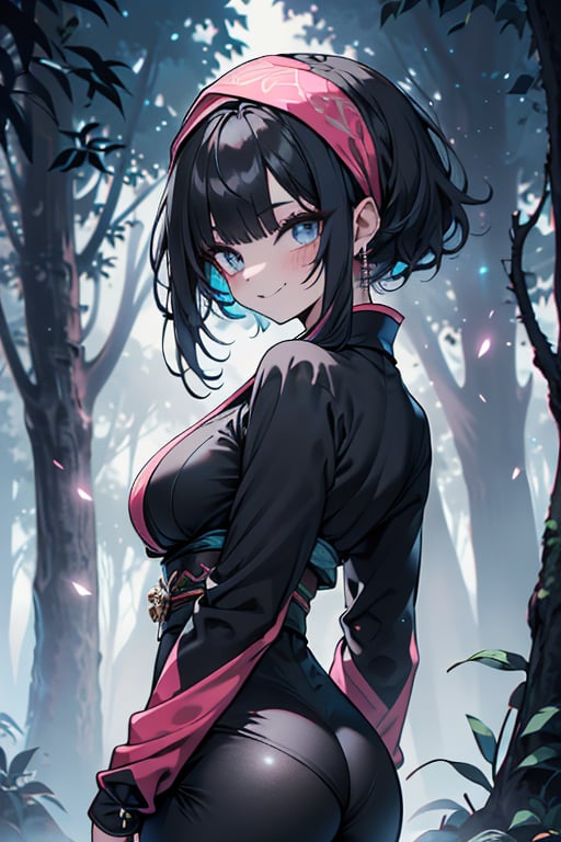 dark blue hair, blue eyes, pink kimono outfit with black edges, friendly face, a black spandex that covers his entire body, headscarf, killer, happy smile, bangs, in the forest at night, masterpiece, detailed, high quality, absurd, the strongest human of all, bringer of the world's hope, short hair, black lycra, masterpiece, excellent quality, excellent quality, perfect face, medium breasts,big ass,

