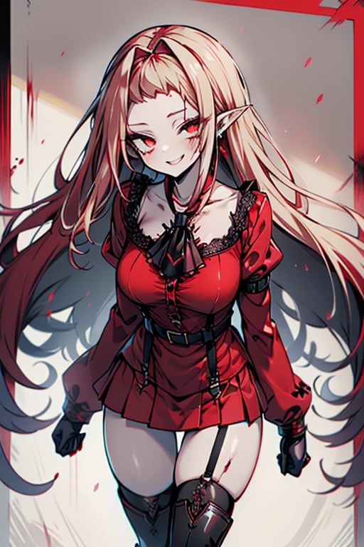 an arrogant woman, blonde, cold-blooded murderer, the final enemy of this world, medium breasts, pointed ears, vampire, eyes red like blood, smiling mischievously, red bowtie scarf, red suit with skirt with black borders, black crosses on his forehead, very pale skin, high_resolution, best quality, extremely detailed, HD, 8K, 1 girl, solo, sexy_figure, hot, 170 cm, tall_girl, LONG HAIR, DIAMOND THROAT, BLACK ASCOT, SEPARATED NECK, CENTER Ruffles, RED DRESS, RED SEPARATED SLEEVES, RED BELT, SKIRT WHITE, RED THIGH BOOTS, RED SUSPENDERS, happy face, adult, pretty eyes, collarbone, thigh gap.