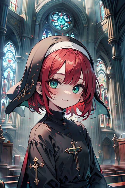 woman of extreme beauty, innocent, nun, loli, small body, green eyes, red hair, short hair, kind, bright smile, perfect face (beautiful finely detailed eyes), masterpiece, very good quality, excellent quality, church.
