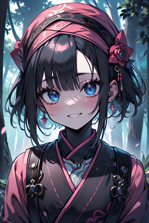 dark blue hair, blue eyes, pink kimono outfit with black edges, friendly face, a black spandex that covers his entire body, headscarf, killer, happy smile, bangs, in the forest at night, masterpiece, detailed, high quality, absurd, the strongest human of all, bringer of the world's hope, short hair, black lycra, masterpiece, excellent quality, excellent quality, perfect face.
