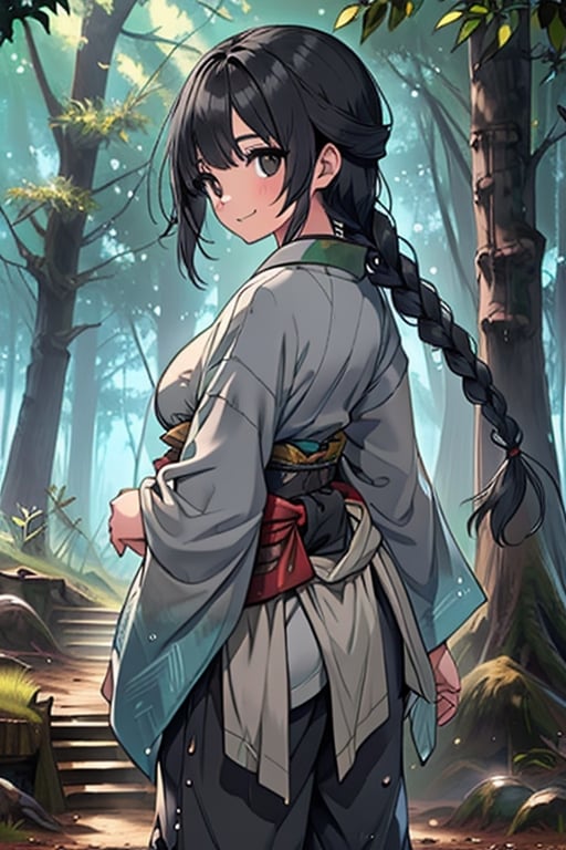 kind woman, black hair, medium hair, hair in braid down to her back, a single braid, dirty clothes, warrior, beast tamer, the killer of gods, black eyes, old clothes, alone, forest, kind smile, innocent, breasts small, tall woman, amazon, samurai, gray kimono jacket ideal for combat, wide pants, happy, friendly, good person,  masterpiece, good quality, swords well positioned at her waist, good hands, aquamarine belt.


