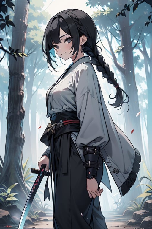 kind woman, black hair, medium hair, hair in braid down to her back, a single braid, dirty clothes, warrior, beast tamer, the killer of gods, black eyes, old clothes, alone, forest, kind smile, innocent, breasts small, tall woman, amazon, samurai, gray kimono jacket ideal for combat, wide pants, happy, friendly, good person, katanas sheathed at her waist, masterpiece, good quality, swords well positioned at her waist, good hands, aquamarine belt, teenager, 15 years old
