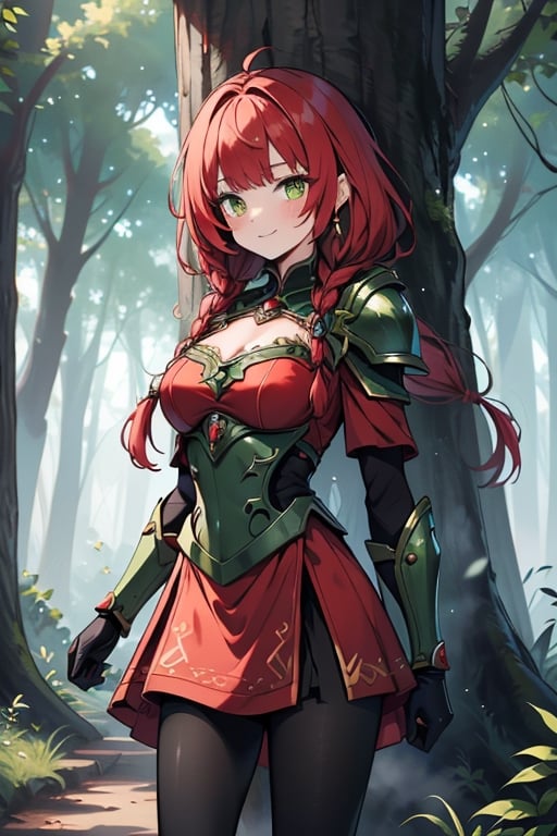 noble woman, princess, red hair, long braid, green armor covering her body, forest, medium chest, warrior, druid, green eyes, red dress, medium combat skirt, good quality, masterpiece, hight,black pantyhose,loved by nature, kind face, noble smile, leader.