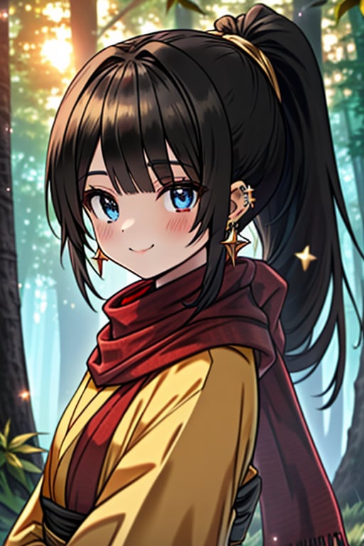 black hair, blue eyes, yellow Kimono
 outfit with black edges, a red scarf with gold stripes, the edges have small golden touches, friendly face, a black spandex that covers her entire body, headscarf, killer, happy smile , bangs, in the forest at night, masterpiece, star earrings, detailed, high quality, absurd, the strongest human of all, bringer of the world's hope, hair in ponytail,black lycra, masterpiece, excellent quality, excellent quality, perfect face.

