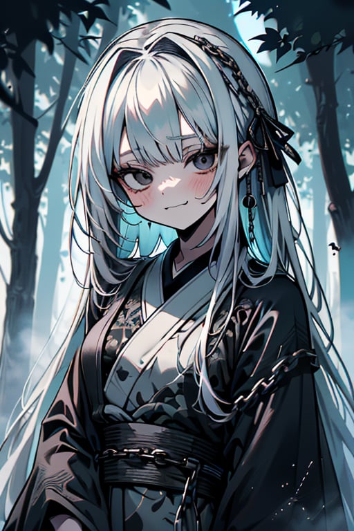 white hair, black eyes, dirty and poor black kimono, sad face, lost, sad smile, slave, chains, bangs, in the forest at night, high quality, absurd, the human who longed for freedom, long hair, masterpiece, excellent quality, excellent quality, perfect face,teenager, small breasts, 16 year old appearance.

