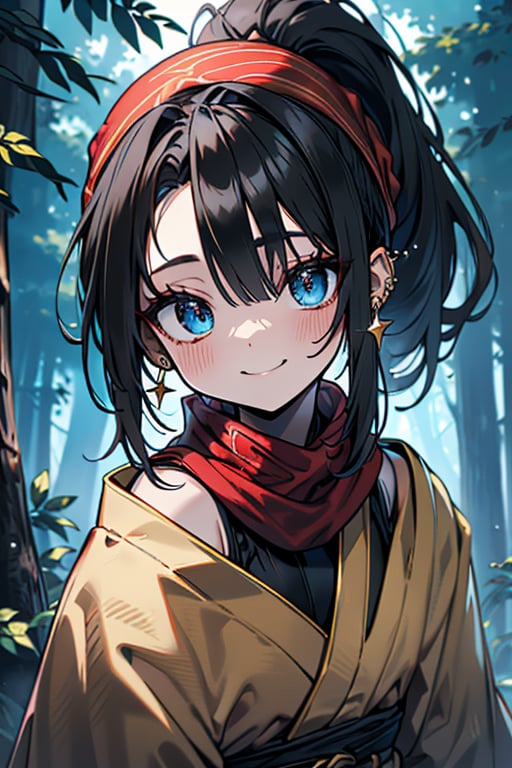 black hair, blue eyes, yellow Kimono
 outfit with black edges, a red scarf with gold stripes, the edges have small golden touches, friendly face, a black spandex that covers her entire body, headscarf, killer, happy smile , bangs, in the forest at night, masterpiece, star earrings, detailed, high quality, absurd, the strongest human of all, bringer of the world's hope, hair in ponytail,black lycra, masterpiece, excellent quality, excellent quality, perfect face.

