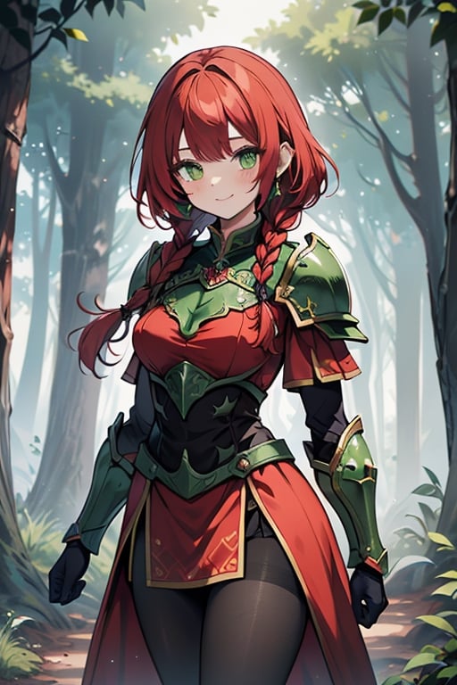 noble woman, princess, red hair, long braid, green armor covering her body, forest, medium chest, warrior, druid, green eyes, red dress, medium combat skirt, good quality, masterpiece, hight,black pantyhose,loved by nature, kind face, noble smile, leader.