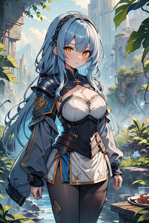 Woman with light blue hair, big, tall, the strongest warrior in the world, plate armor, cold jacket, pantyhouse, armbands, chest, orange eyes, friendly, free spirit, religious, valley of plants, no bangs, long hair .
