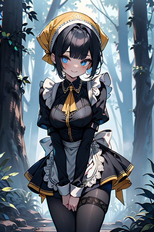 dark blue hair, blue eyes, yellow maid outfit, friendly face, a black spandex that covers her entire body, headscarf, killer, happy smile, bangs, in the forest at night, masterpiece, detailed, high quality, absurd, the strongest human of all, bearer of the world's hope, short hair, black lycra, black pantyhouse, masterpiece, excellent quality, excellent quality, perfect face, medium breasts

