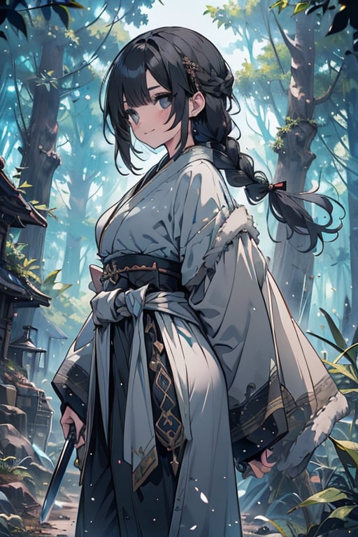 kind woman, black hair, medium hair, hair in braid down to her back, a single braid, dirty clothes, warrior, beast tamer, the killer of gods, black eyes, old clothes, alone, forest, kind smile, innocent, breasts small, tall woman, amazon, samurai, gray kimono jacket ideal for combat, wide pants, happy, friendly, good person,  masterpiece, good quality, swords well positioned at her waist, good hands, aquamarine belt.


