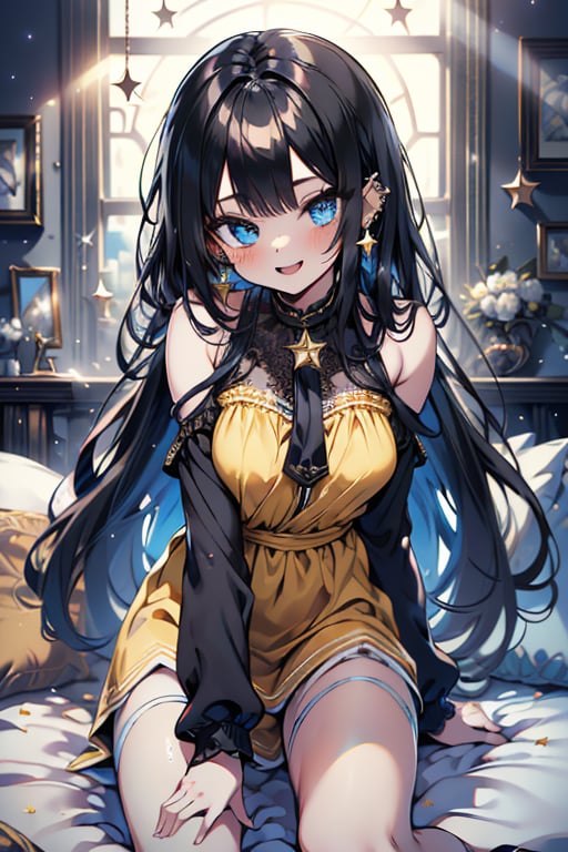 black hair, blue eyes, yellow babydoll, friendly face, killer, happy smile, bangs, masterpiece, star earrings, detailed, high quality, absurd, the strongest human of all, bearer of the world's hope masterpiece, excellent quality , excellent quality, perfect face, long hair, sexy pose, bed
