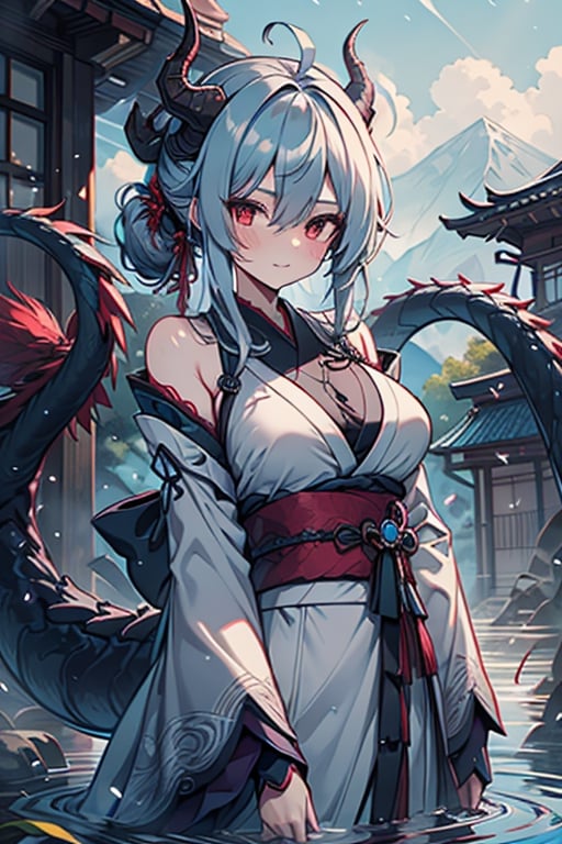 dragon woman, wingless, medium hair, shy face, blue kimono, blue hair, dragon horns, dragon tail, red eyes, dragon horns, medium breasts, beautiful, the sword maiden, tail attached to the body, her power comes from of primordial water, masterpiece, very good quality, excellent quality, perfect face, samurai, mother of the family, master of combat, wise, bangs that cover her eyes,hair up,Japanese house.