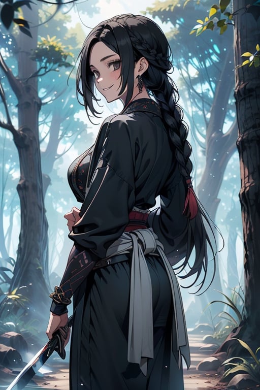 kind woman, black hair, medium hair, hair in braid down to her back, a single braid, dirty clothes, warrior, beast tamer, the killer of gods, black eyes, old clothes, alone, forest, kind smile, innocent, breasts small, tall woman, amazon, samurai, gray kimono jacket ideal for combat, wide pants, happy, friendly, good person, katanas sheathed at her waist, masterpiece, good quality, swords well positioned at her waist, good hands, aquamarine belt, teenager, 15 years old
