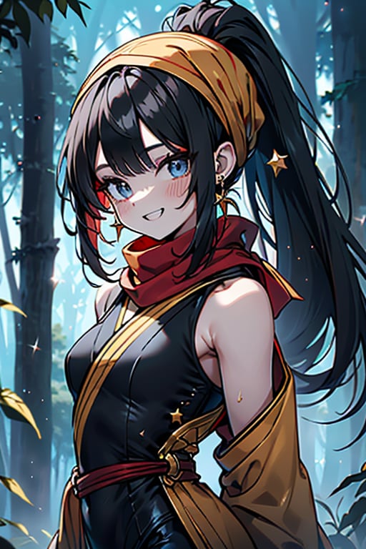 black hair, blue eyes, yellow Kimono
 outfit with black edges, a red scarf with gold stripes, the edges have small golden touches, friendly face, a black spandex that covers her entire body, headscarf, killer, happy smile , bangs, in the forest at night, masterpiece, star earrings, detailed, high quality, absurd, the strongest human of all, bringer of the world's hope, hair in ponytail,black lycra, masterpiece, excellent quality, excellent quality, perfect face.

