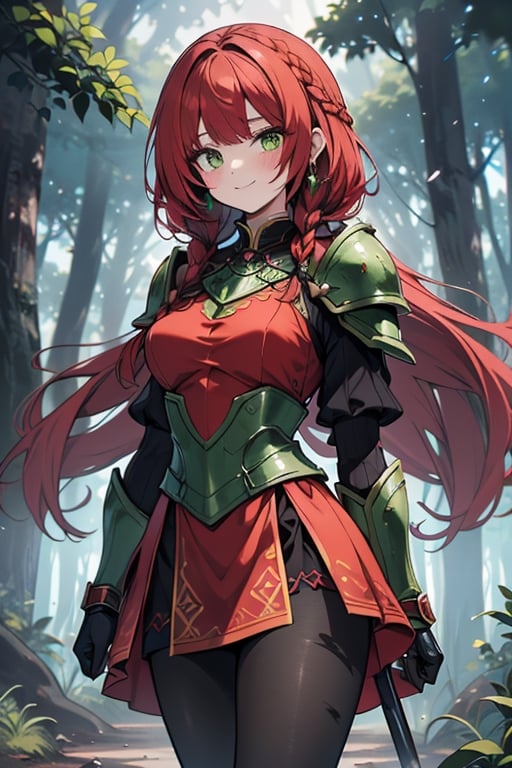 noble woman, princess, red hair, long braid, green armor covering her body, forest, medium chest, warrior, druid, green eyes, red dress, medium combat skirt, good quality, masterpiece, hight,black pantyhose,loved by nature, kind face, noble smile, leader.