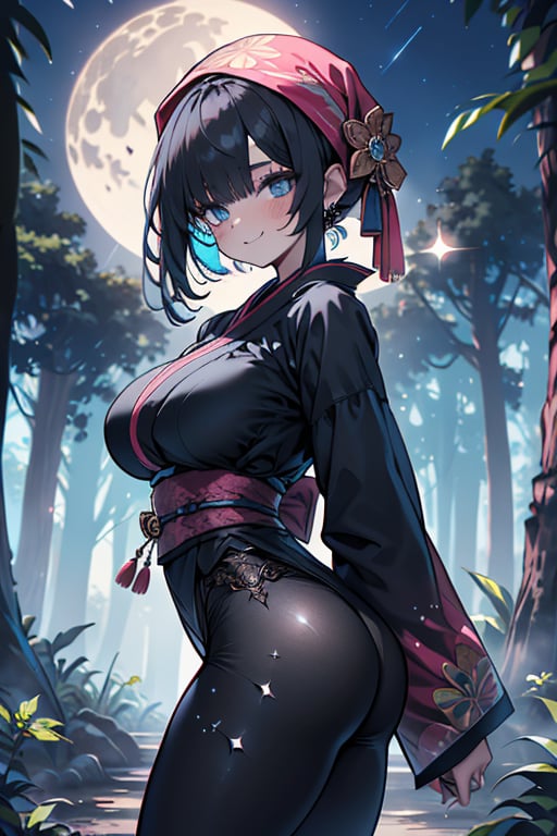 dark blue hair, blue eyes, pink kimono outfit with black edges, friendly face, a black spandex that covers his entire body, headscarf, killer, happy smile, bangs, in the forest at night, masterpiece, detailed, high quality, absurd, the strongest human of all, bringer of the world's hope, short hair, black lycra, masterpiece, excellent quality, excellent quality, perfect face, medium breasts,big ass,

