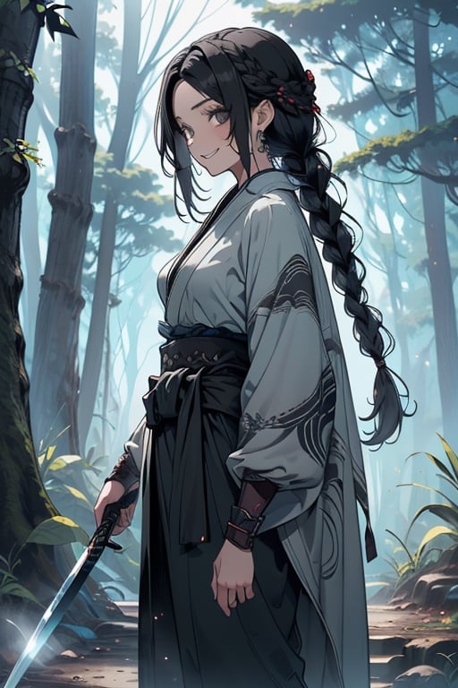 kind woman, black hair, medium hair, hair in braid down to her back, a single braid, dirty clothes, warrior, beast tamer, the killer of gods, black eyes, old clothes, alone, forest, kind smile, innocent, breasts small, tall woman, amazon, samurai, gray kimono jacket ideal for combat, wide pants, happy, friendly, good person, katanas sheathed at her waist, masterpiece, good quality, swords well positioned at her waist, good hands, aquamarine belt, teenager.
