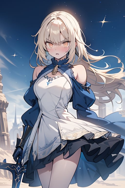 blonde, golden eyes, angry look, long hair, desert knight, hates magic, silver sword that reflects a blue color that traps magic, genius, white dress that reaches to her thighs, armor on her hands, legs and arms,gray and white dress