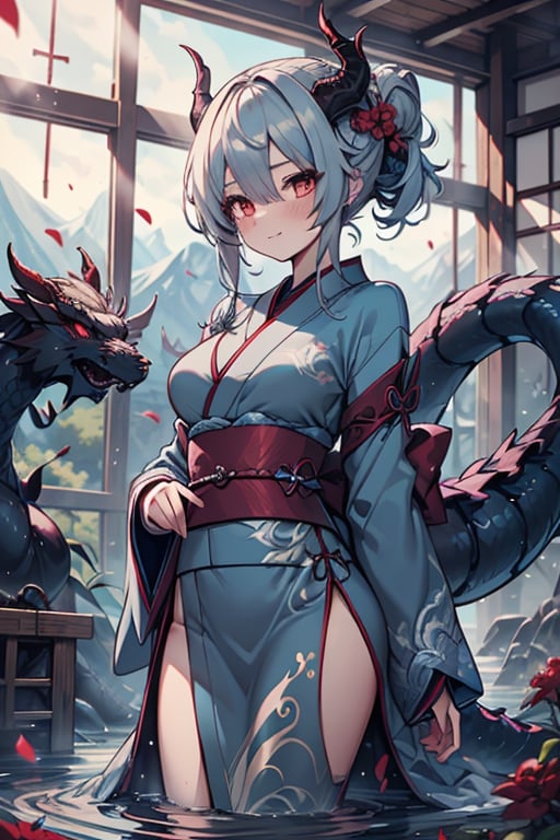 dragon woman, wingless, medium hair, shy face, blue kimono, blue hair, dragon horns, dragon tail, red eyes, dragon horns, medium breasts, beautiful, the sword maiden, tail attached to the body, her power comes from of primordial water, masterpiece, very good quality, excellent quality, perfect face, samurai, mother of the family, master of combat, wise, bangs that cover her eyes,hair up,Japanese house.