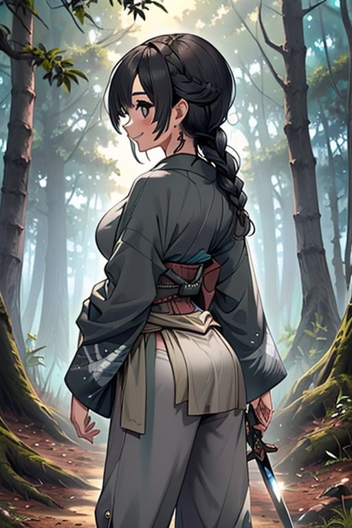 kind woman, black hair, medium hair, hair in braid down to her back, a single braid, dirty clothes, warrior, beast tamer, the killer of gods, black eyes, old clothes, alone, forest, kind smile, innocent, breasts small, tall woman, amazon, samurai, gray kimono jacket ideal for combat, wide pants, happy, friendly, good person,  masterpiece, good quality, swords well positioned at her waist, good hands, aquamarine belt.


