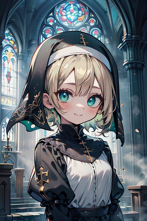 woman of extreme beauty, innocent, nun, loli, small body, green eyes, blonde hair, short hair, kind, bright smile, perfect face (beautiful finely detailed eyes), masterpiece, very good quality, excellent quality, church.
