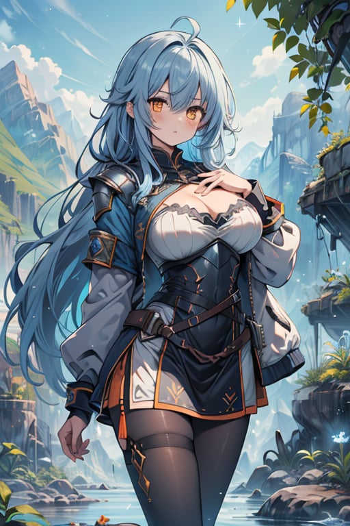 Woman with light blue hair, big, tall, the strongest warrior in the world, plate armor, cold jacket, pantyhouse, armbands, chest, orange eyes, friendly, free spirit, religious, valley of plants, no bangs, long hair .
