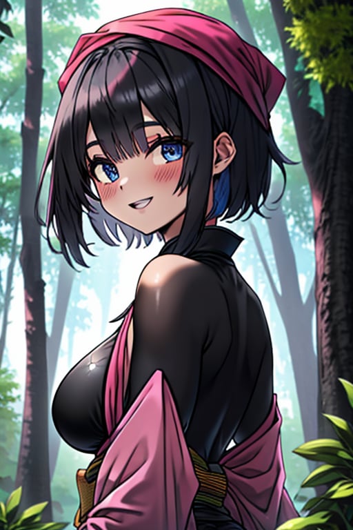 dark blue hair, blue eyes, pink kimono outfit with black edges, friendly face, a black spandex that covers his entire body, headscarf, killer, happy smile, bangs, in the forest at night, masterpiece, detailed, high quality, absurd, the strongest human of all, bringer of the world's hope, short hair, black lycra, masterpiece, excellent quality, excellent quality, perfect face, medium breasts,big ass,

