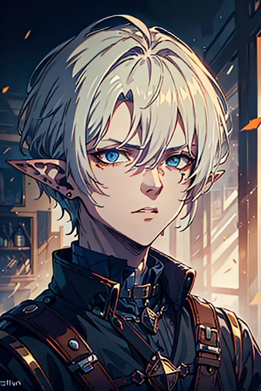 man, white hair, thief clothes, a siscon, arrogant, silly, serious, masterpiece, high quality, 4k, very good resolution,herochromatic, golden right eye and orange left eye, Fade cut for men, blue eyes,Elf's ears.
