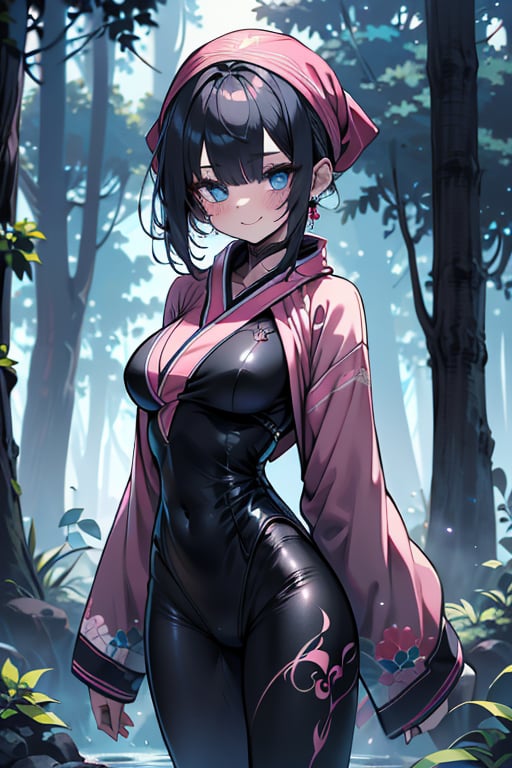 dark blue hair, blue eyes, pink kimono outfit with black edges, friendly face, a black spandex that covers his entire body, headscarf, killer, happy smile, bangs, in the forest at night, masterpiece, detailed, high quality, absurd, the strongest human of all, bringer of the world's hope, short hair, black lycra, masterpiece, excellent quality, excellent quality, perfect face, medium breasts

