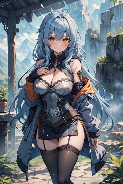 Woman with light blue hair, big, tall, the strongest warrior in the world, plate armor, cold jacket, pantyhouse, armbands, chest, orange eyes, friendly, free spirit, religious, valley of plants, no bangs, long hair .
