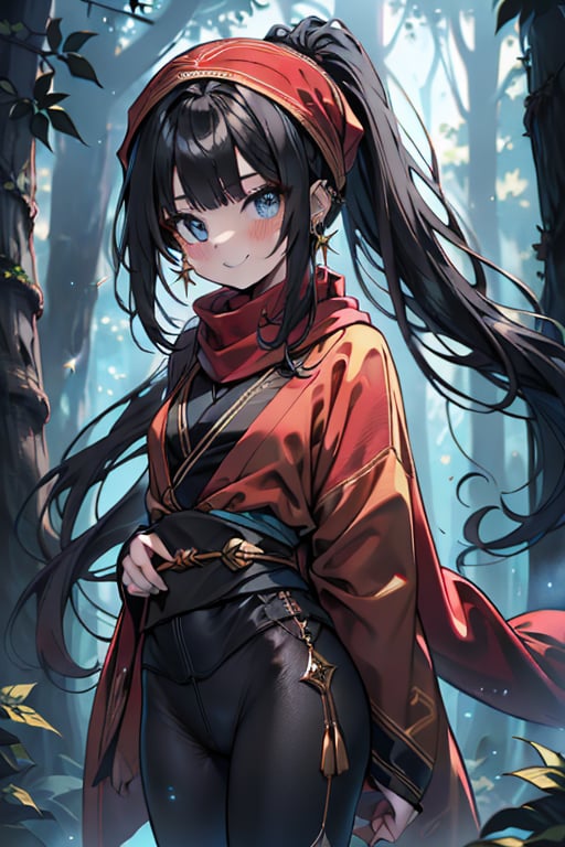 black hair, blue eyes, yellow Kimono
 outfit with black edges, a red scarf with gold stripes, the edges have small golden touches, friendly face, a black spandex that covers her entire body, headscarf, killer, happy smile , bangs, in the forest at night, masterpiece, star earrings, detailed, high quality, absurd, the strongest human of all, bringer of the world's hope, hair in ponytail,black lycra, masterpiece, excellent quality, excellent quality, perfect face.

