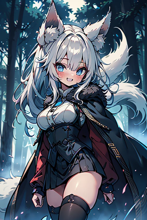 white hair, blue eyes, coat with blue vintage style cape, friendly face, skirt, killer, happy smile, blows, in the forest at night, masterpiece, detailed, high quality, absurd, long hair, black stockings, masterpiece, excellent quality, perfect face, medium breasts, kitsune ears, kitsune tail.

