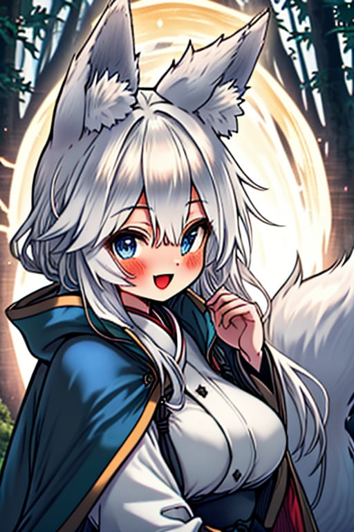 white hair, blue eyes, coat with blue vintage style cape, friendly face, skirt, killer, happy smile, blows, in the forest at night, masterpiece, detailed, high quality, absurd, long hair, black stockings, masterpiece, excellent quality, perfect face, medium breasts, kitsune ears, kitsune tail.

