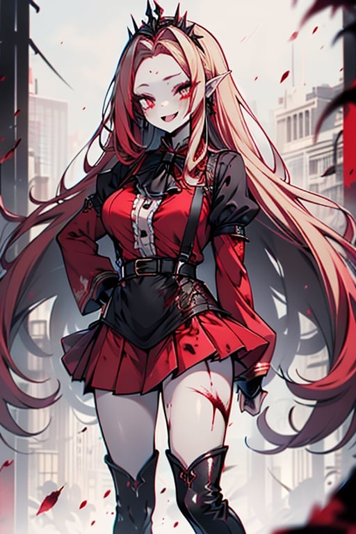 an arrogant woman, blonde, cold-blooded murderer, the final enemy of this world, medium breasts, pointed ears, vampire, eyes red like blood, smiling mischievously, red bowtie scarf, red suit with skirt with black borders, black crosses on his forehead, very pale skin, high_resolution, best quality, extremely detailed, HD, 8K, 1 girl, solo, sexy_figure, hot, 170 cm, tall_girl, LONG HAIR, DIAMOND THROAT, BLACK ASCOT, SEPARATED NECK, CENTER Ruffles, RED DRESS, RED SEPARATED SLEEVES, RED BELT, SKIRT WHITE, RED THIGH BOOTS, RED SUSPENDERS.TIARA,She represents death, the false goddess of putrefaction.

,Baobhan